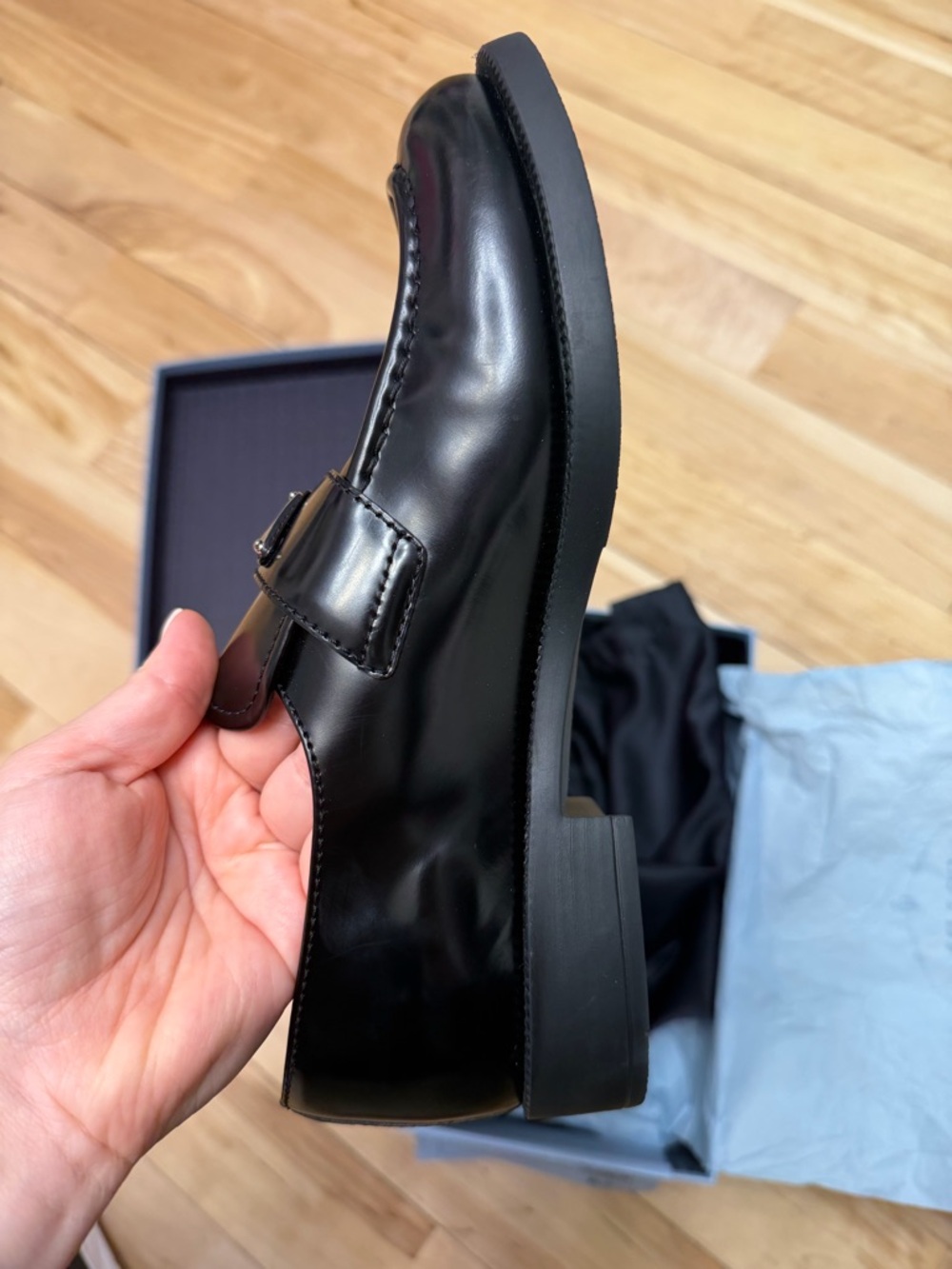 Prada Black Leather Logo Penny Loafers - Picture 5 of 5